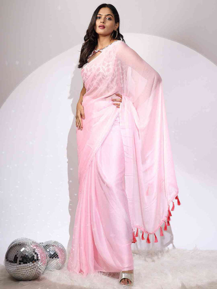 Baby Pink Organza Saree with Lace Border & Tassels