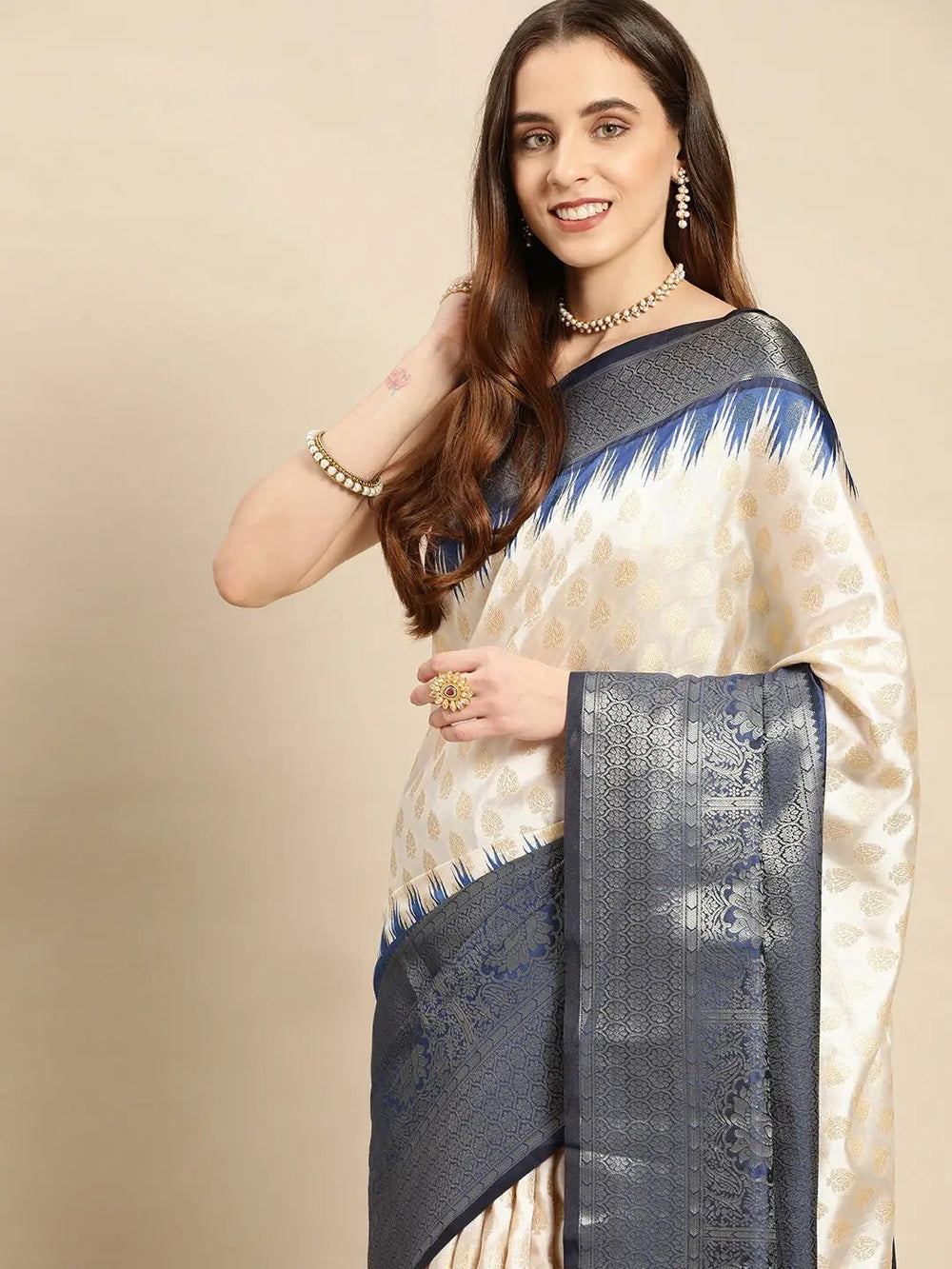 Cream & Navy Blue Banarasi Silk Saree with Ikat Border