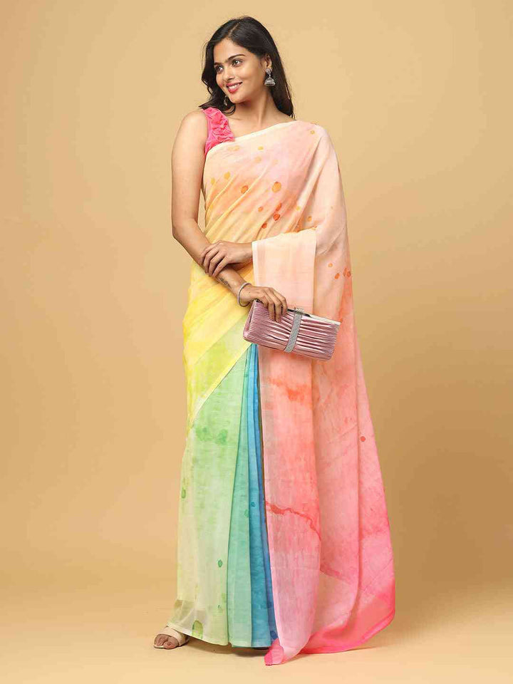 Pastel Multicolor Ombre Georgette Saree with Polka Dot Design