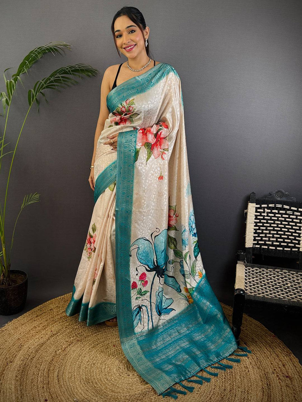 Cream & Teal Printed Silk Saree with Floral & Butterfly Design and Elegant Woven Border