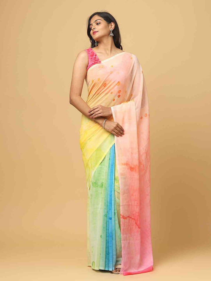 Pastel Multicolor Ombre Georgette Saree with Polka Dot Design