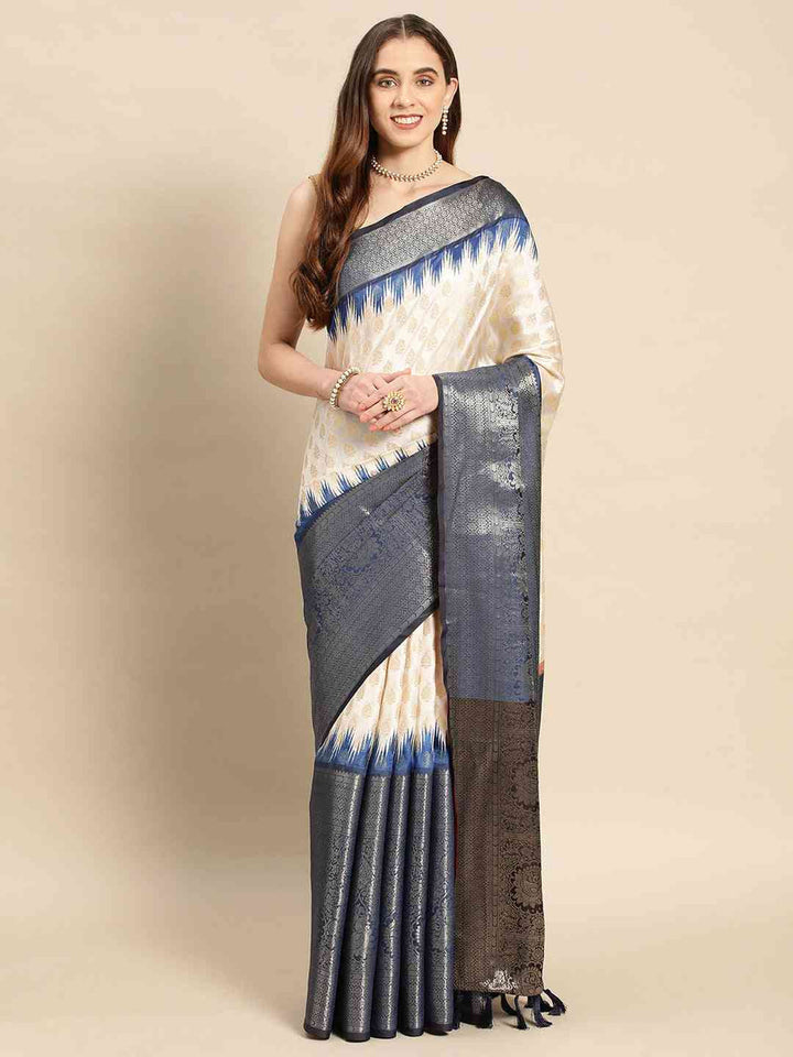 Cream & Navy Blue Banarasi Silk Saree with Ikat Border