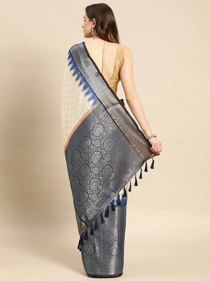 Cream & Navy Blue Banarasi Silk Saree with Ikat Border