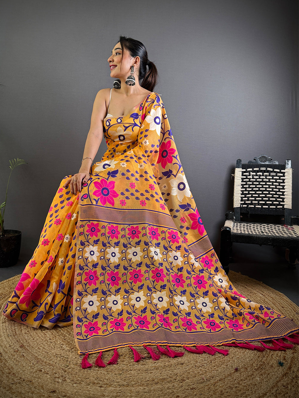 Mustard Yellow Silk Blend Saree with Multicolor Floral Print & Tassel Pallu