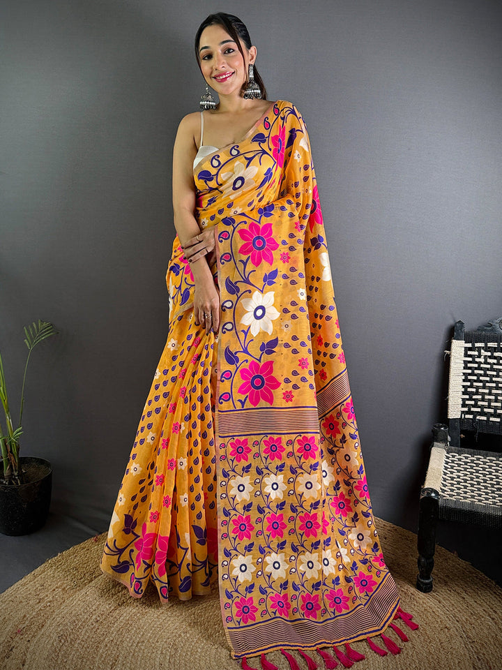 Mustard Yellow Silk Blend Saree with Multicolor Floral Print & Tassel Pallu