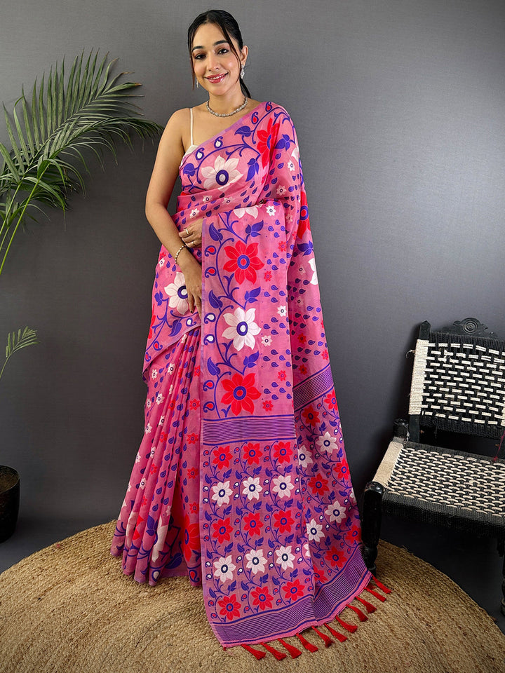 Pink Floral Print Silk Blend Saree with Purple Border & Tassel Pallu