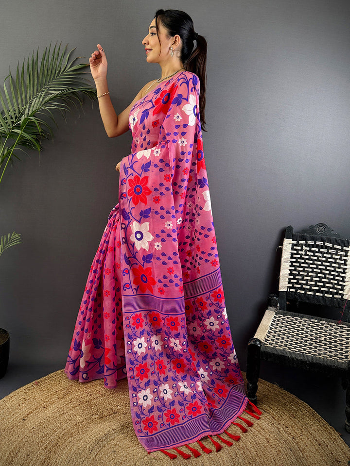 Pink Floral Print Silk Blend Saree with Purple Border & Tassel Pallu