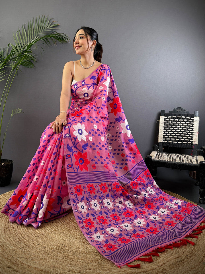 Pink Floral Print Silk Blend Saree with Purple Border & Tassel Pallu