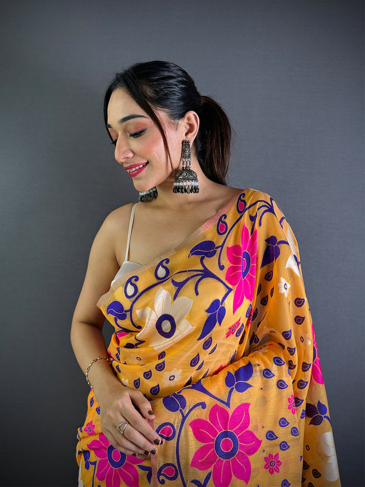 Mustard Yellow Silk Blend Saree with Multicolor Floral Print & Tassel Pallu
