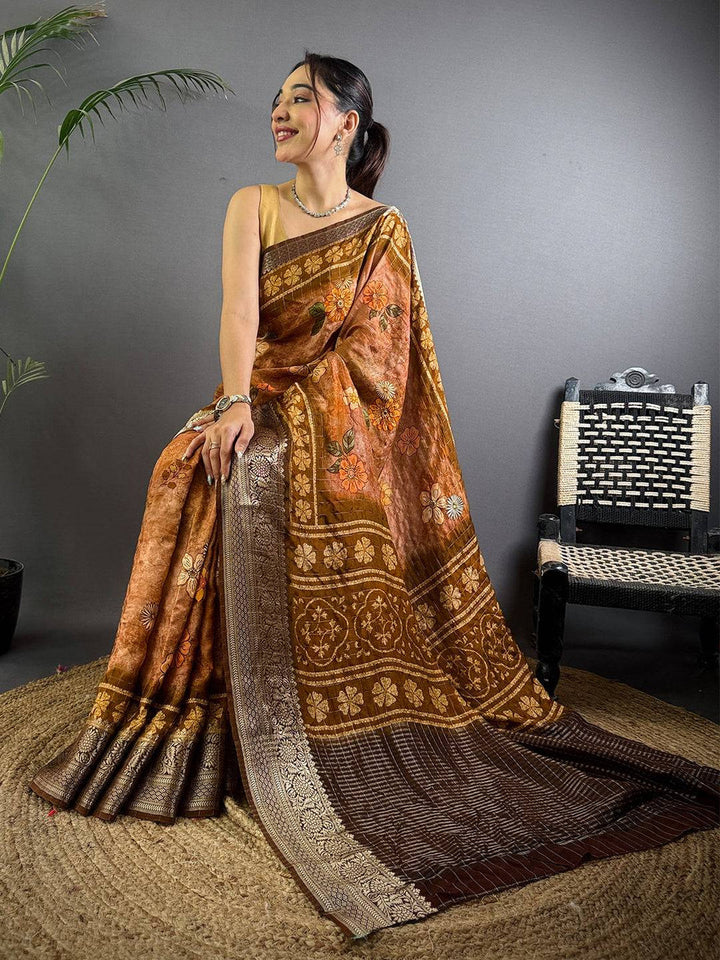 Brown Linen Silk Saree with Floral Digital Print & Antique Zari Border