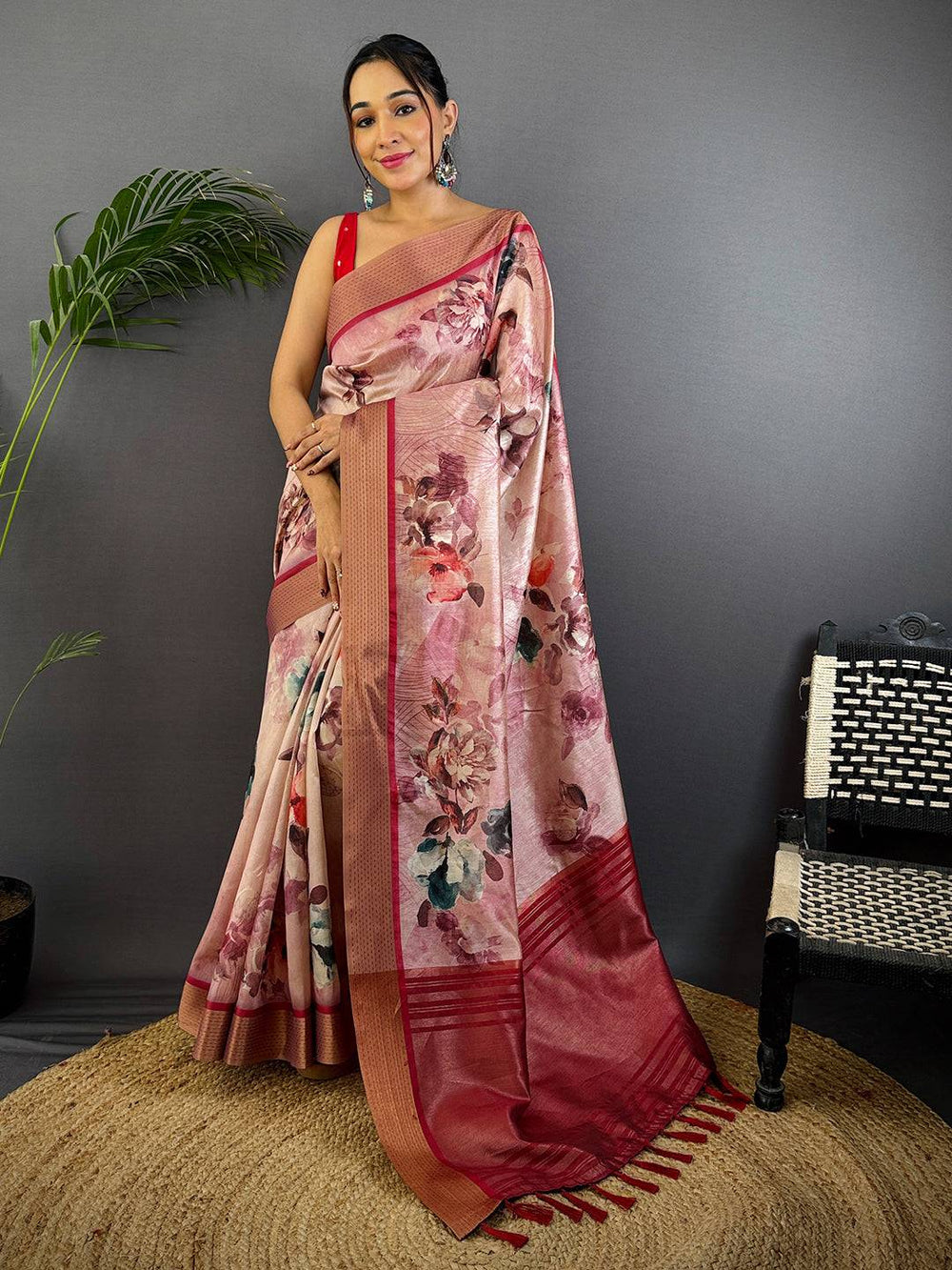 Rose Pink Floral Printed Silk Saree with Contrast Wine Border & Elegant Woven Pallu