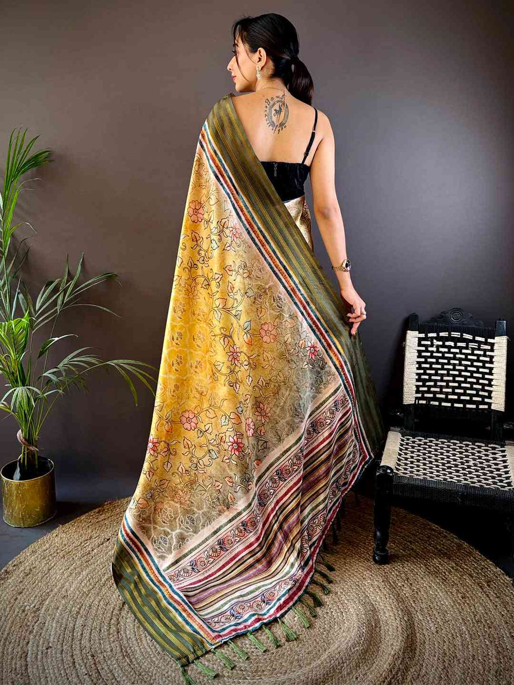 Yellow Linen Silk Printed Saree with Multicolor Border & Floral Design