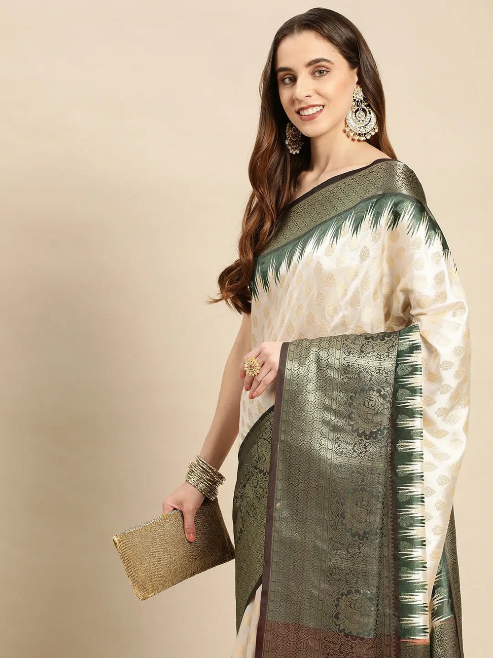 Cream & Green Banarasi Silk Saree with Ikat Border & Zari Weave