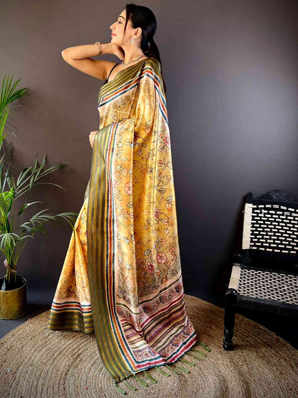 Yellow Linen Silk Printed Saree with Multicolor Border & Floral Design