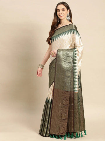 Cream & Green Banarasi Silk Saree with Ikat Border & Zari Weave