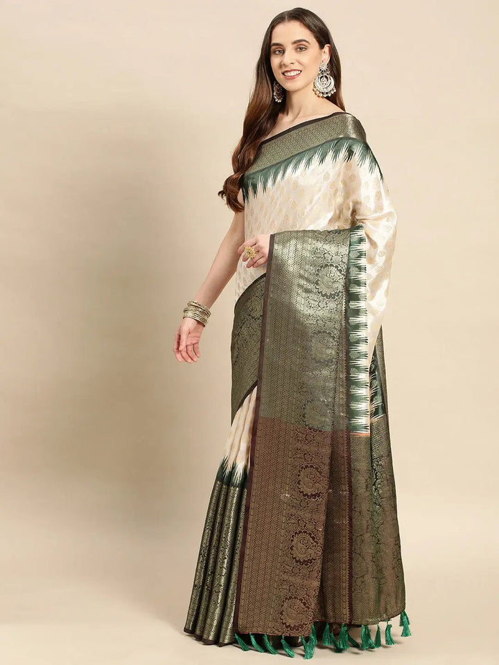Cream & Green Banarasi Silk Saree with Ikat Border & Zari Weave
