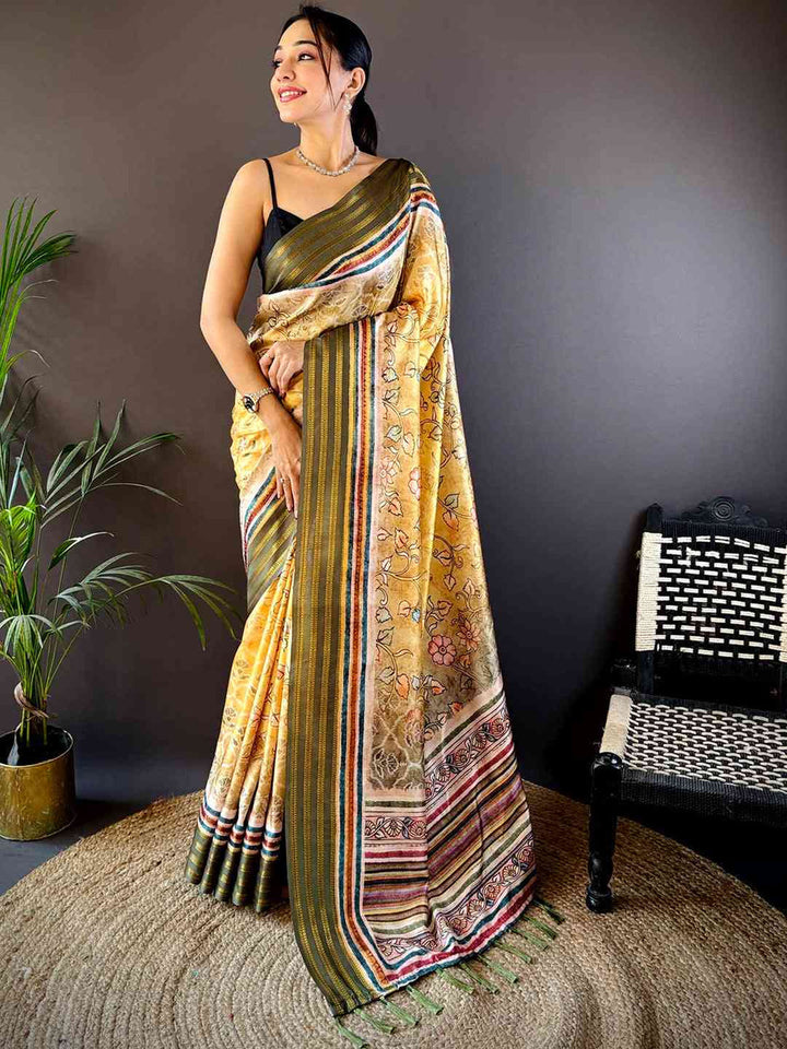 Yellow Linen Silk Printed Saree with Multicolor Border & Floral Design