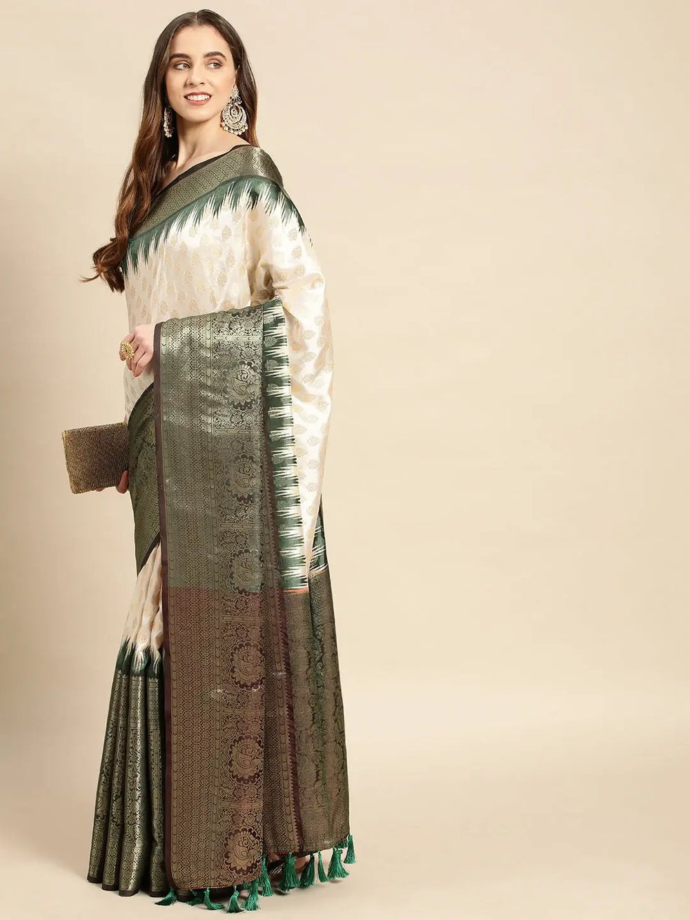 Cream & Green Banarasi Silk Saree with Ikat Border & Zari Weave