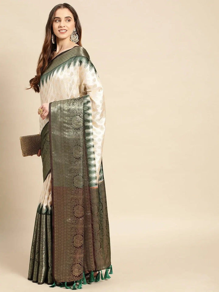 Cream & Green Banarasi Silk Saree with Ikat Border & Zari Weave