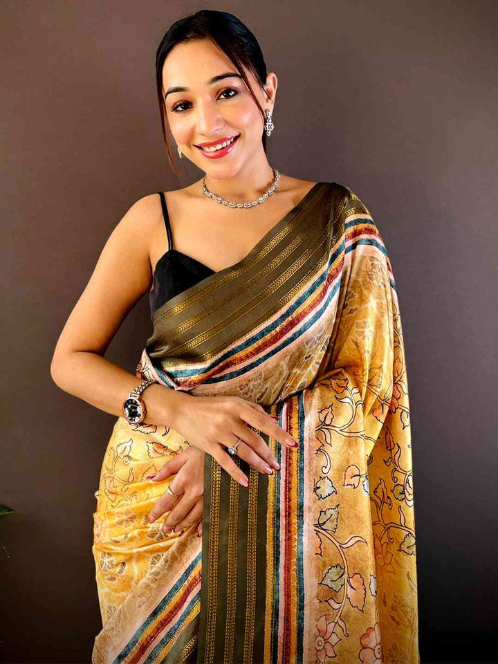 Yellow Linen Silk Printed Saree with Multicolor Border & Floral Design