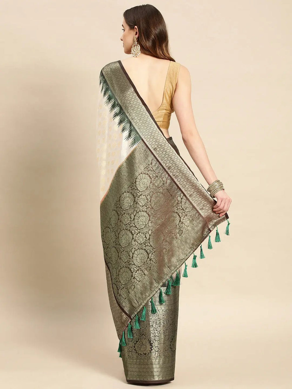 Cream & Green Banarasi Silk Saree with Ikat Border & Zari Weave