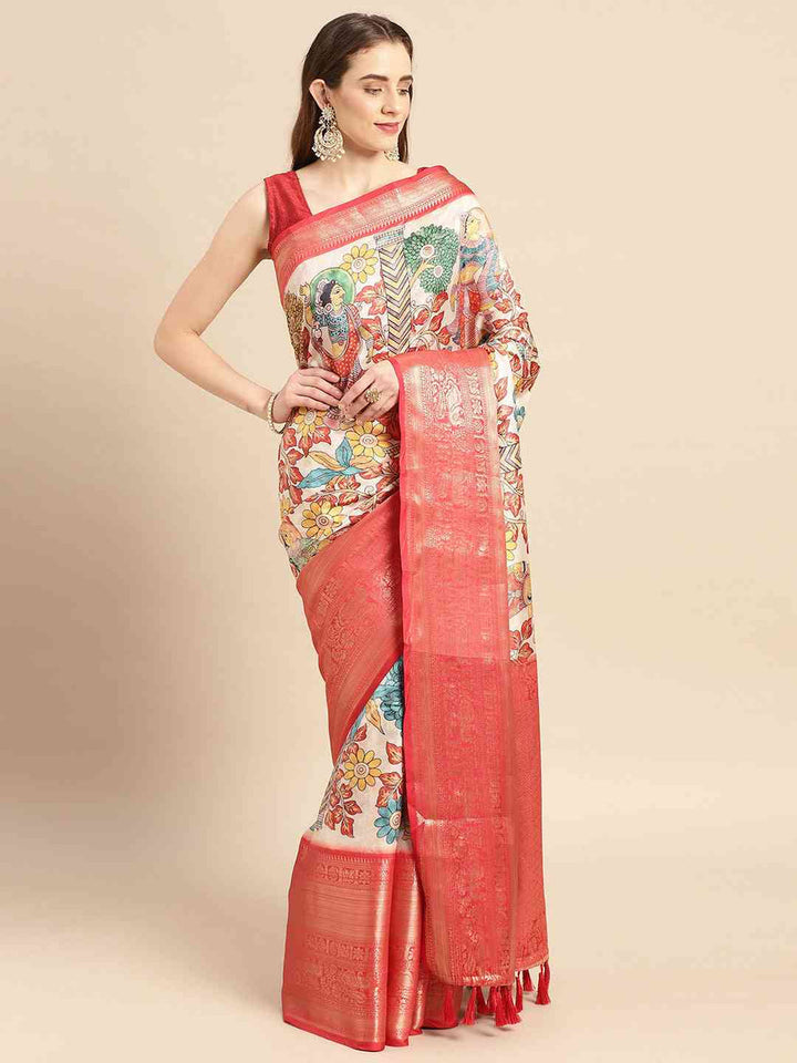 Red Banarasi Silk Saree with Multicolor Madhubani Print