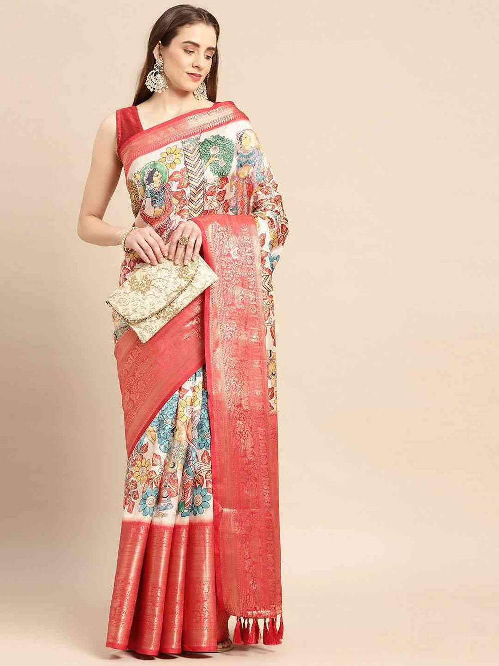 Red Banarasi Silk Saree with Multicolor Madhubani Print