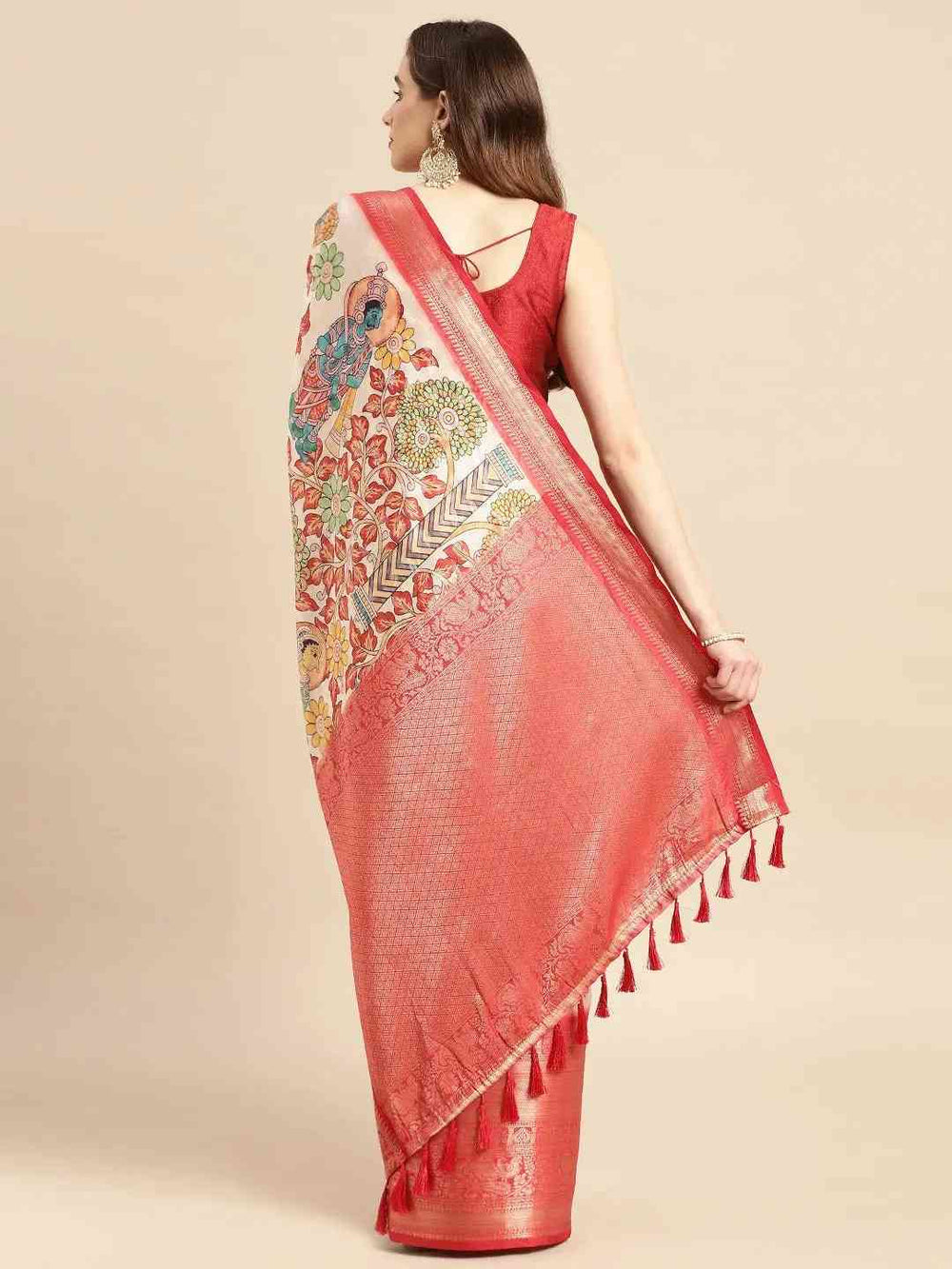 Red Banarasi Silk Saree with Multicolor Madhubani Print