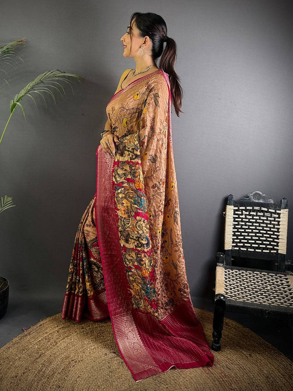 Brown Linen Silk Saree with Kalamkari Digital Print & Maroon Zari Border