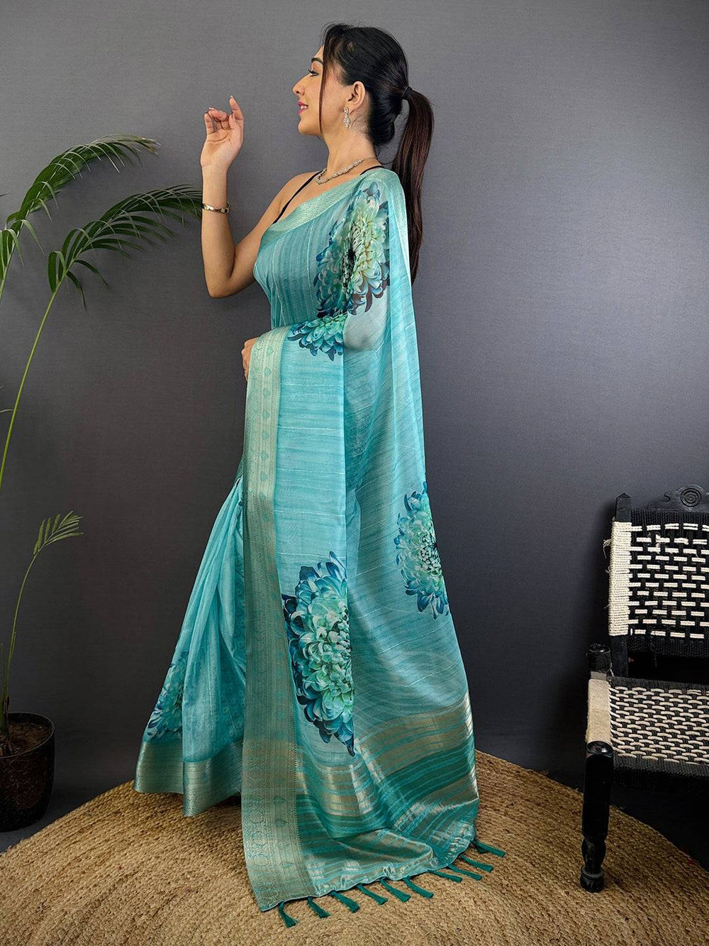 Turquoise Linen Silk Saree with Big Floral Print & Zari Border