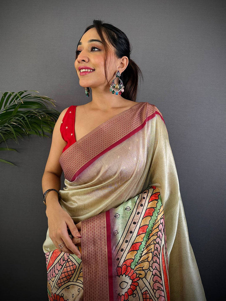 Cream Linen Silk Saree with Artistic Kalamkari Print & Maroon Border