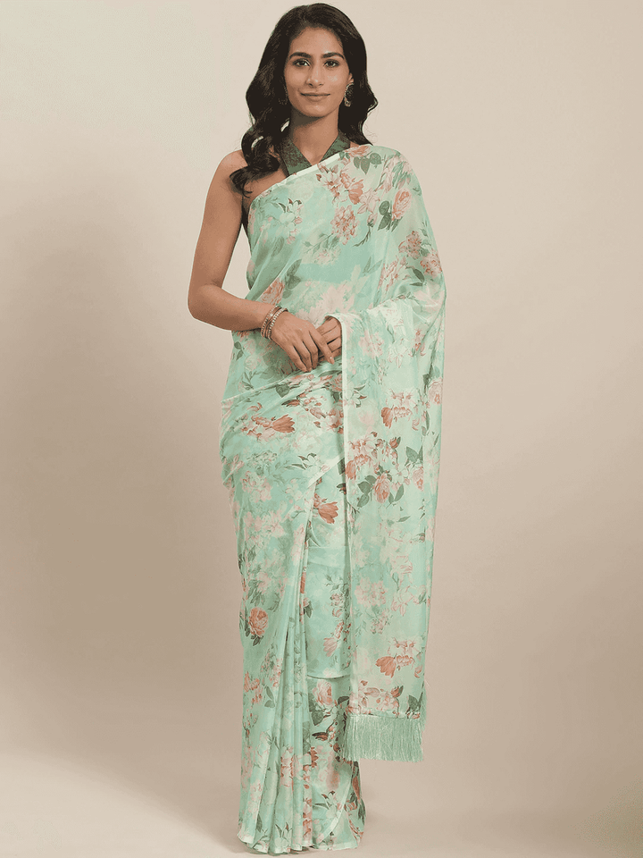 Mint Green Floral Printed Satin Saree with Tassel Pallu