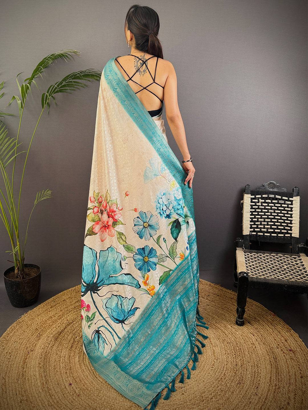 Cream & Teal Printed Silk Saree with Floral & Butterfly Design and Elegant Woven Border
