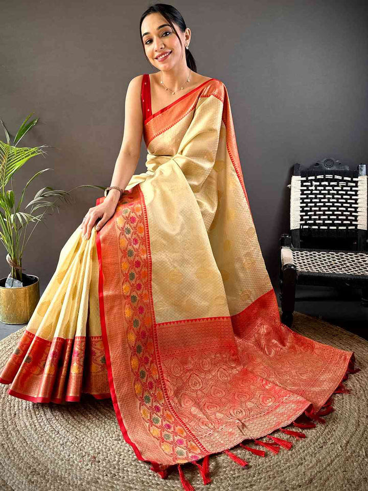 Cream Banarasi Silk Saree with Red Woven Border & Rich Pallu
