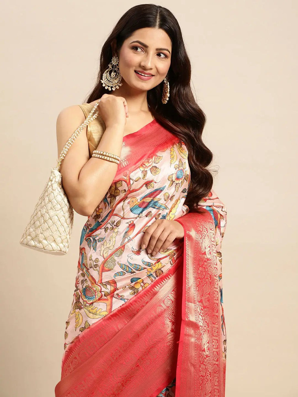 Red Banarasi Silk Saree with Multicolor Madhubani Print