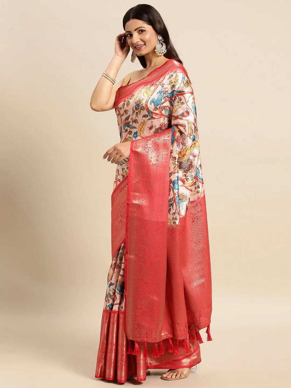 Red Banarasi Silk Saree with Multicolor Madhubani Print
