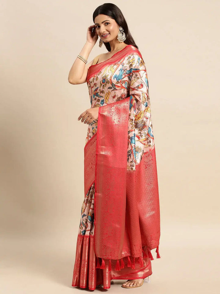 Red Banarasi Silk Saree with Multicolor Madhubani Print