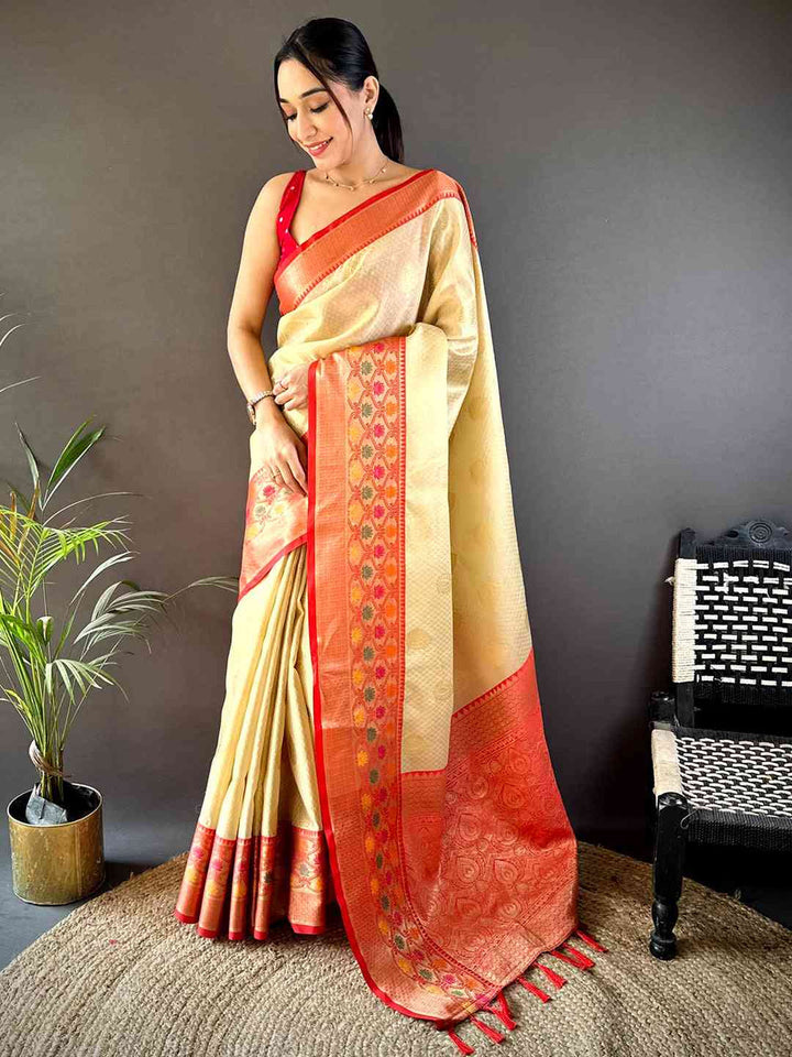Cream Banarasi Silk Saree with Red Woven Border & Rich Pallu
