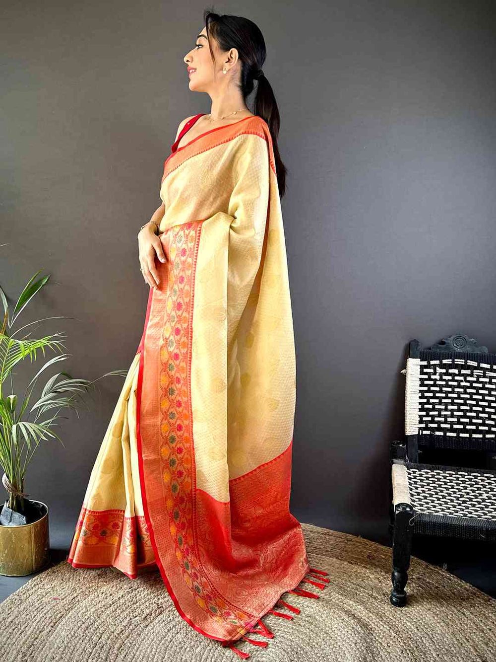 Cream Banarasi Silk Saree with Red Woven Border & Rich Pallu