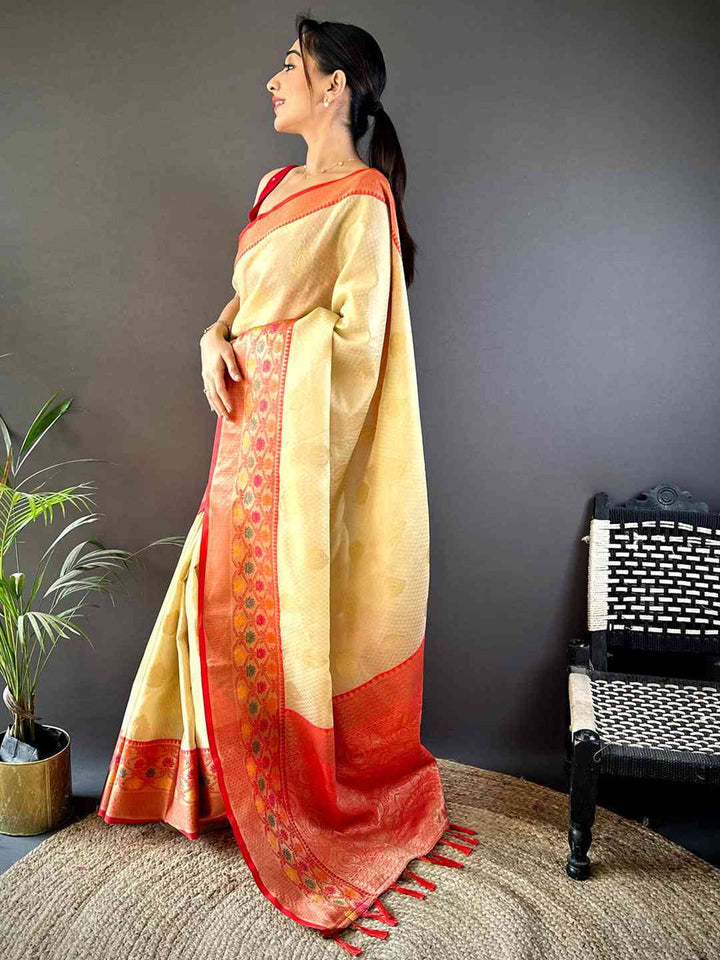 Cream Banarasi Silk Saree with Red Woven Border & Rich Pallu