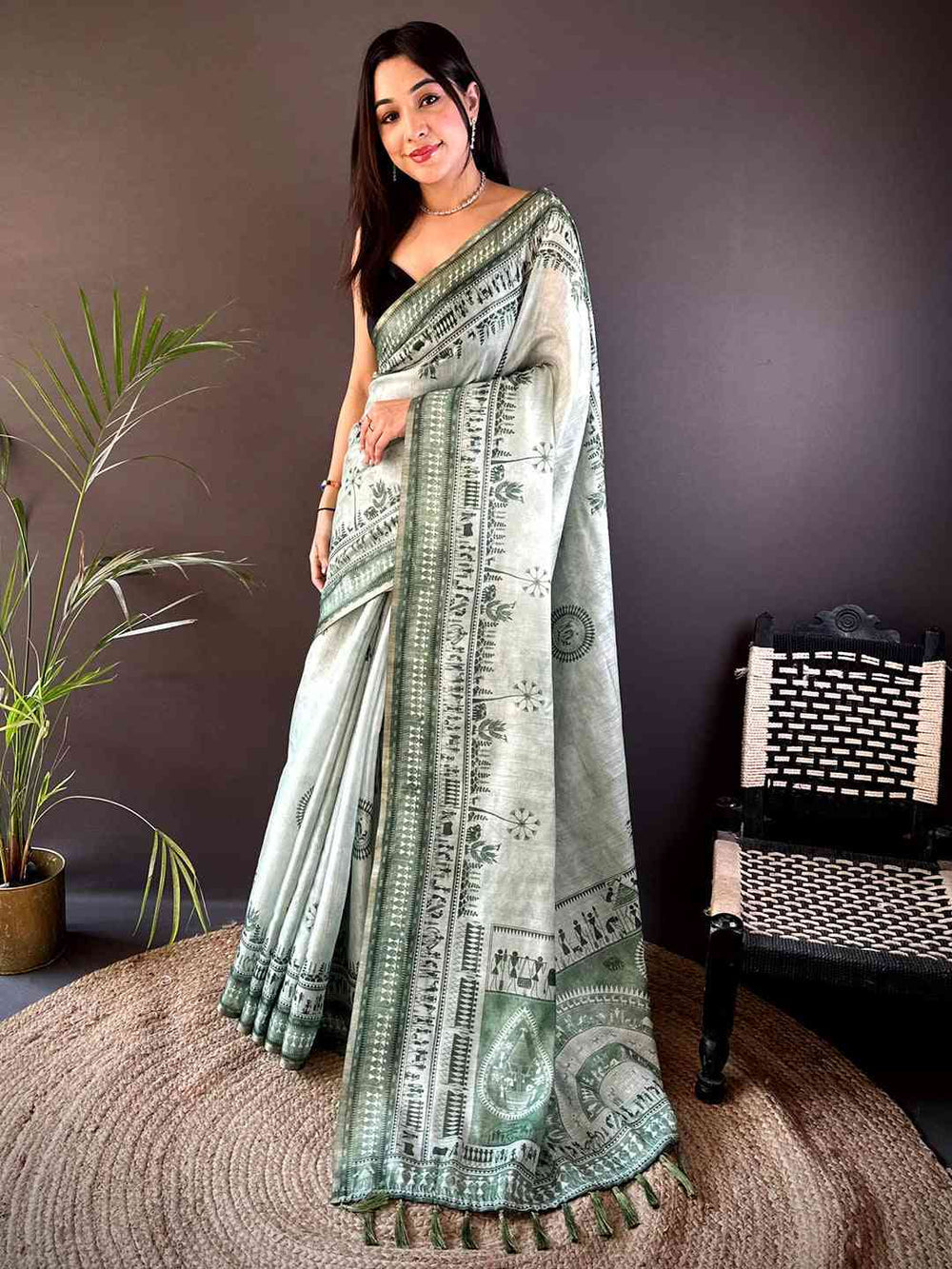 Green Tribal Print Linen Saree with Ethnic Border & Tassels