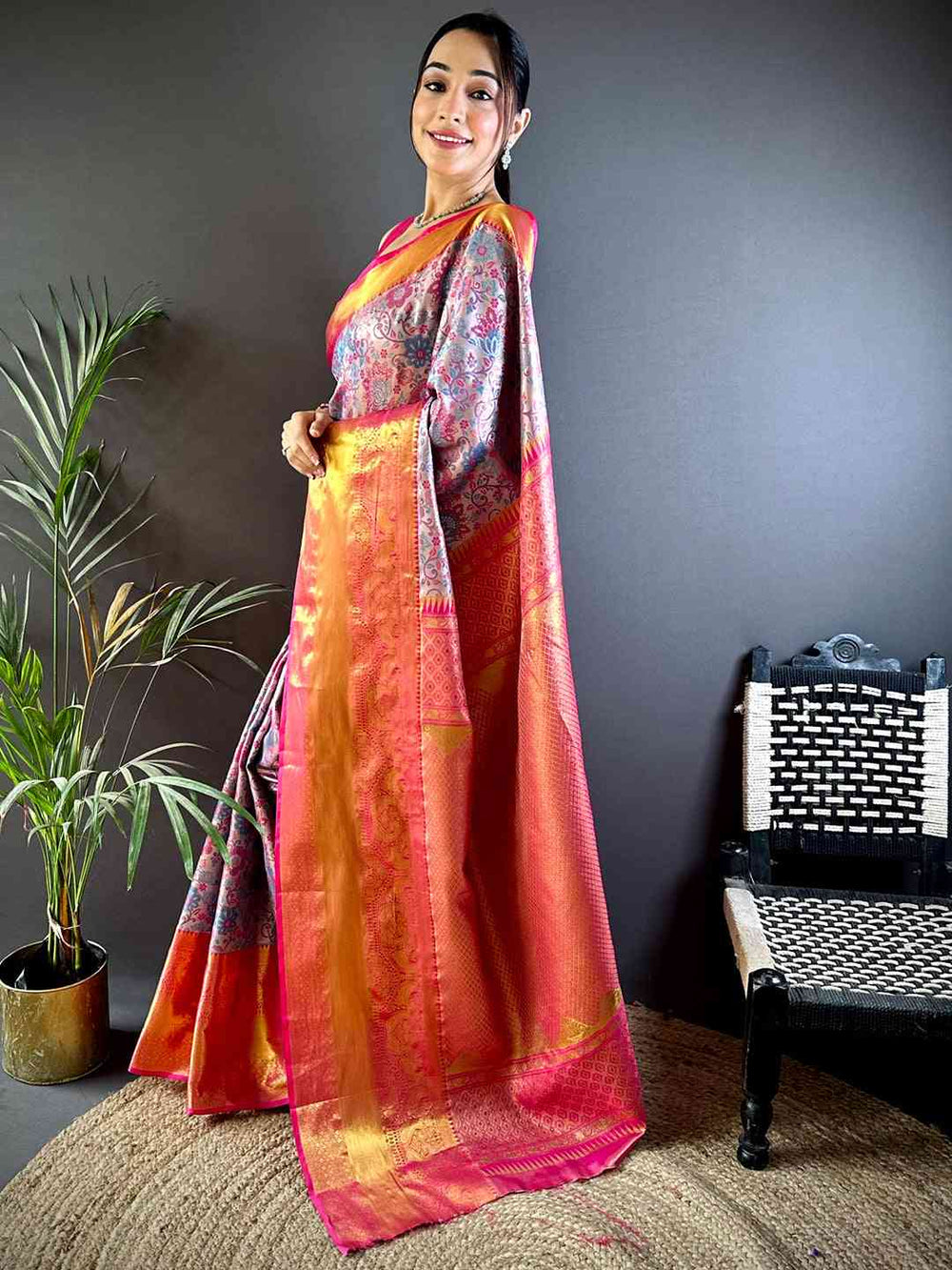 Pink & Gold Banarasi Silk Saree with Intricate Weaving and Floral Pattern