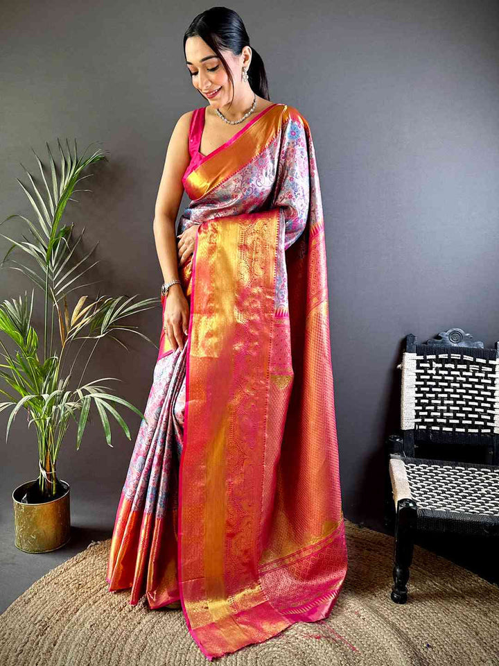 Pink & Gold Banarasi Silk Saree with Intricate Weaving and Floral Pattern