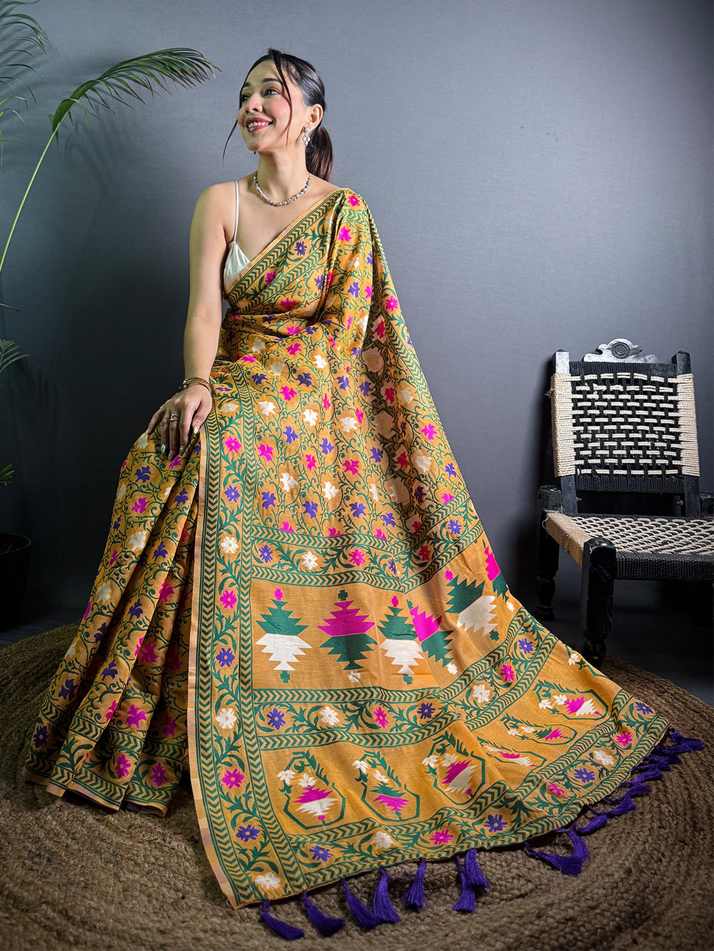 Mustard Yellow Madhubani Print Silk Blend Saree with Green Border & Tassel Pallu