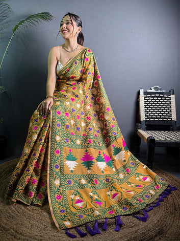 Mustard Yellow Madhubani Print Silk Blend Saree with Green Border & Tassel Pallu