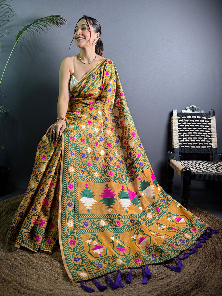 Mustard Yellow Madhubani Print Silk Blend Saree with Green Border & Tassel Pallu