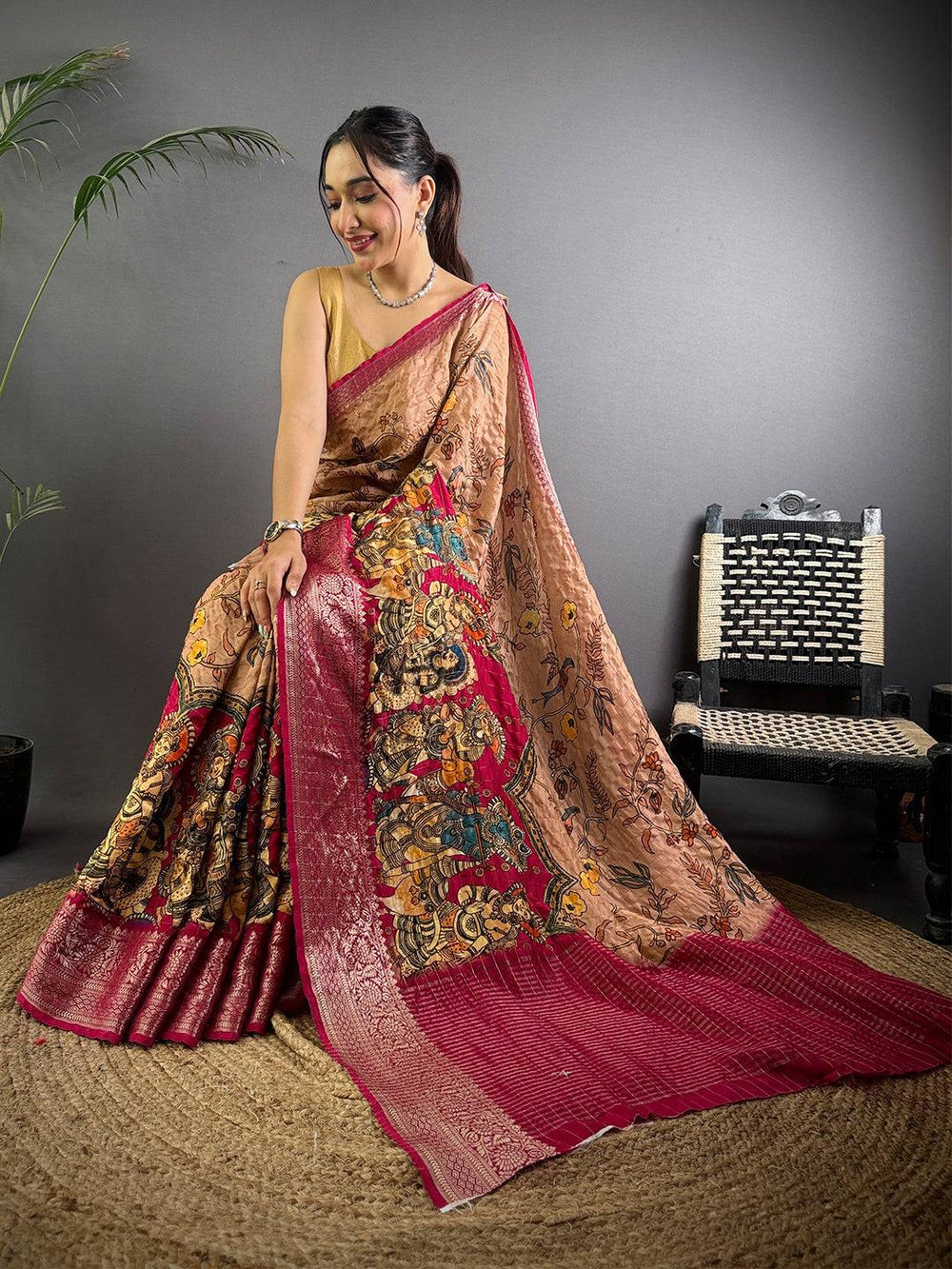 Brown Linen Silk Saree with Kalamkari Digital Print & Maroon Zari Border
