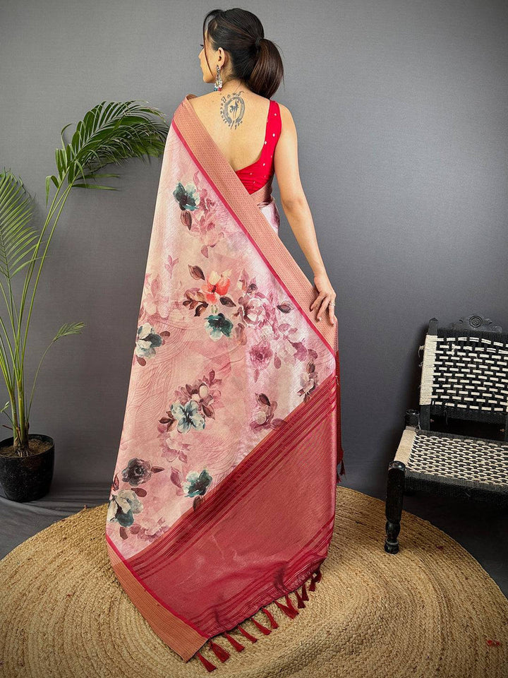 Rose Pink Floral Printed Silk Saree with Contrast Wine Border & Elegant Woven Pallu