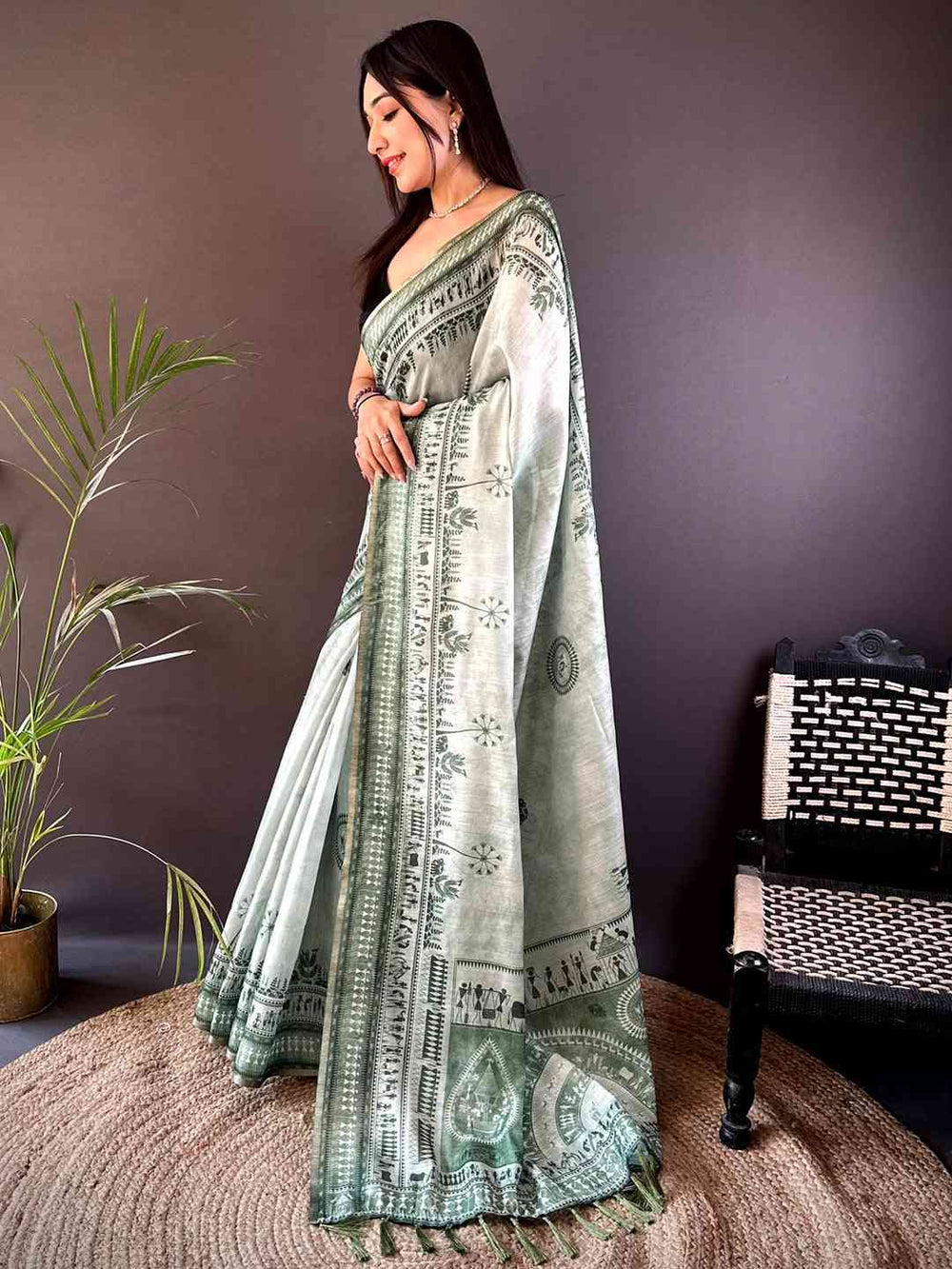 Green Tribal Print Linen Saree with Ethnic Border & Tassels