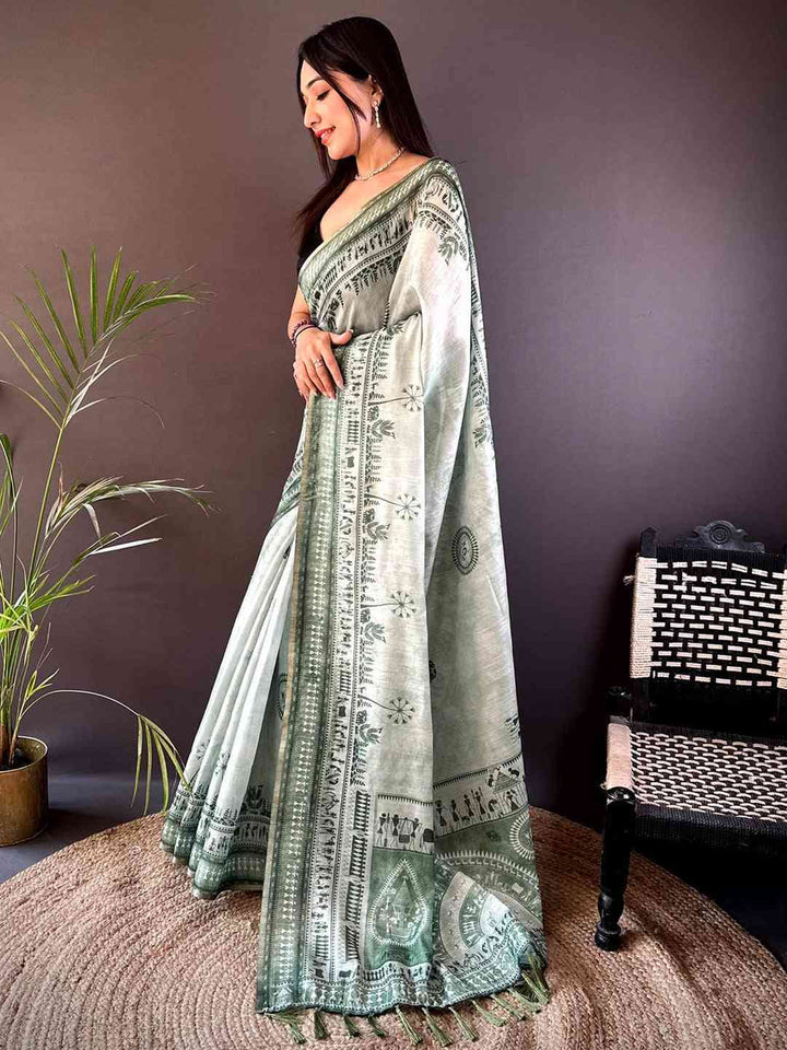 Green Tribal Print Linen Saree with Ethnic Border & Tassels
